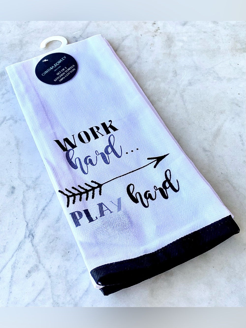 CYNTHIA ROWLEY KITCHEN TOWELS SET OF 2 NEW WORK HARD PLAY HARD COTTON BLACK GREY